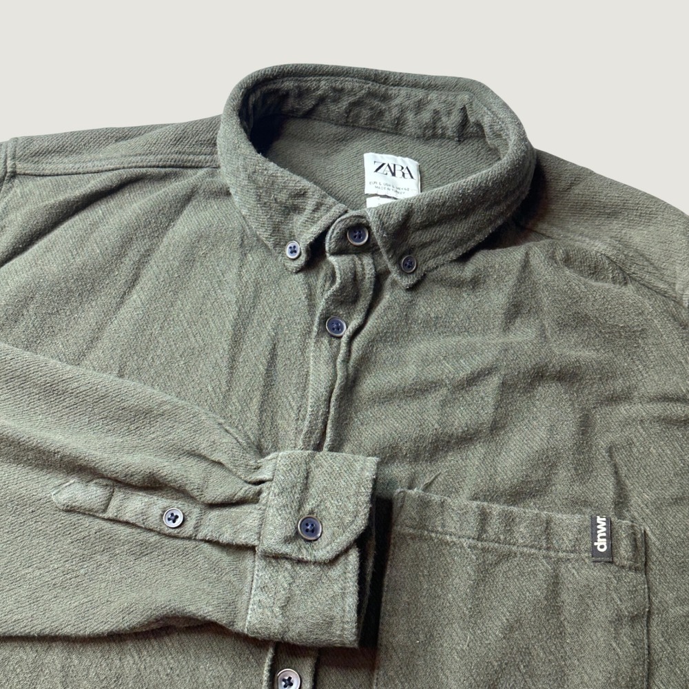 Zara Shirt Mens L Relaxed Fit Olive Green Cotton Button Down Flannel DNWR